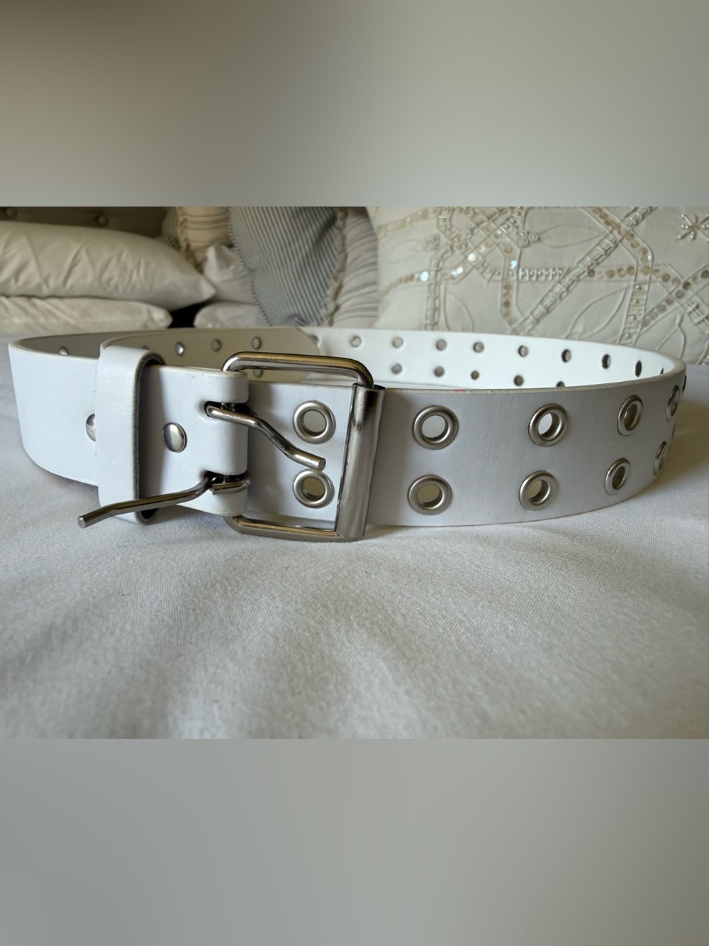 1970s Style White Genuine Leather Double Grommet Belt Silver Buckle Disco
